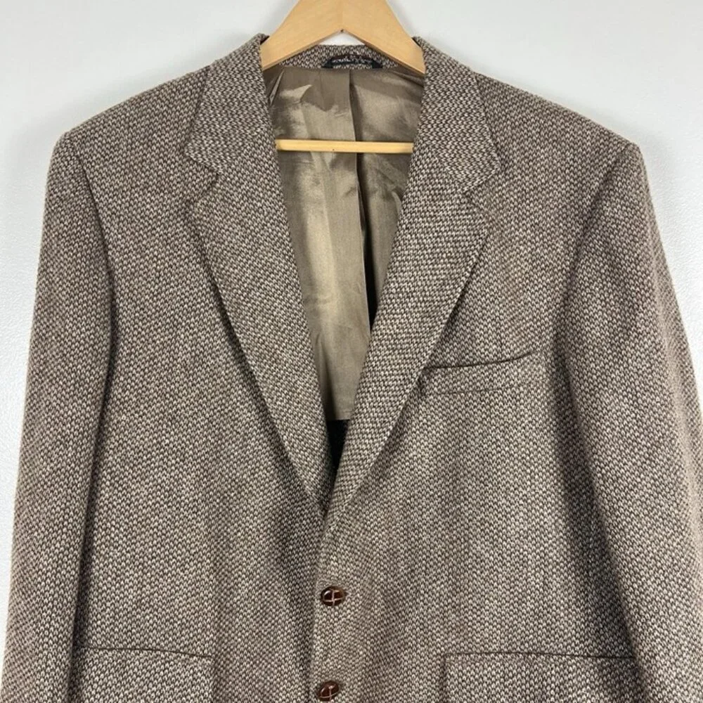 VTG Tweed Sport Coat‎ Mens 44R Brown Barleycorn Wool Blazer Elbow Patches USA